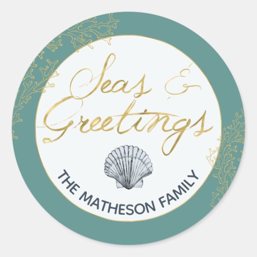 Seashell Zeeen & Greetings Coastal Holiday Envelop Ronde Sticker (Voorkant)