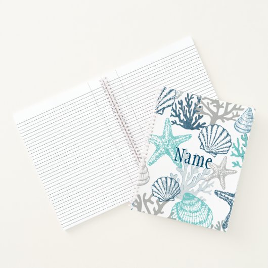 Seashell zeester patroon blauw en Blauwgroen naam Notitieboek (Binnen)