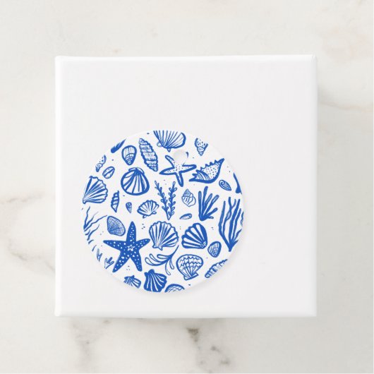 Seashells Beach Wedding Blauw Wit CUSTOM Bedankjes Labels (In situ)