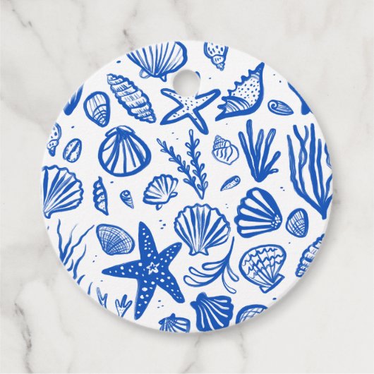 Seashells Beach Wedding Blauw Wit CUSTOM Bedankjes Labels (Voorkant)