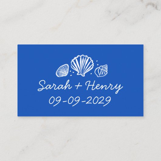 Seashells Beach Wedding Blauw Wit CUSTOM Plaatskaartje (Achterkant)
