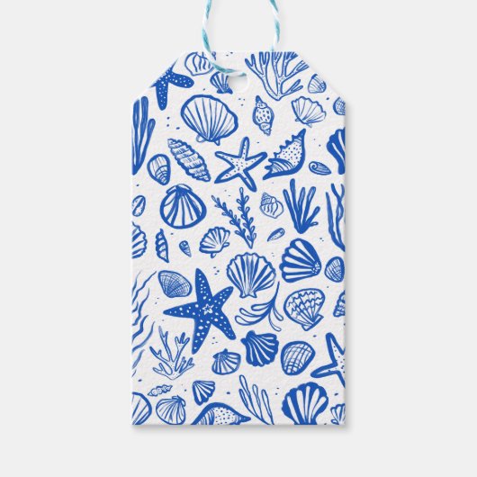 Seashells Beach Wedding Blauw Wit Schattige Seasid Cadeaulabel (Voorkant)