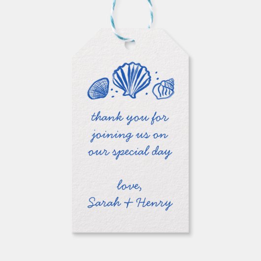 Seashells Beach Wedding Blauw Wit Schattige Seasid Cadeaulabel (Achterkant)