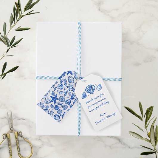 Seashells Beach Wedding Blauw Wit Schattige Seasid Cadeaulabel