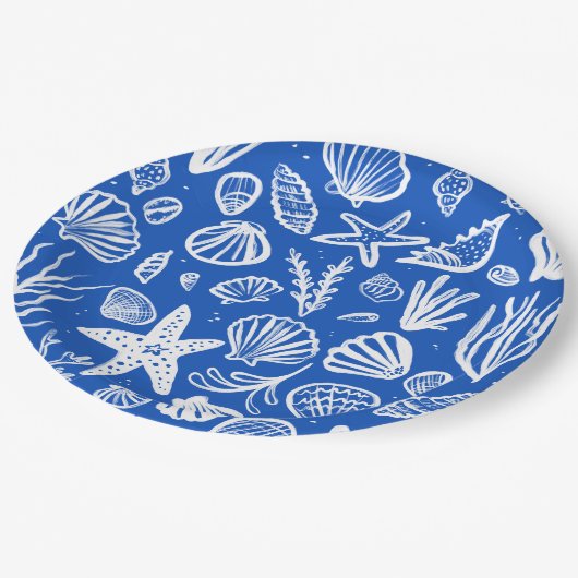 Seashells Beach Wedding Blauw Wit Schattige Seasid Papieren Bordje (Gekanteld)