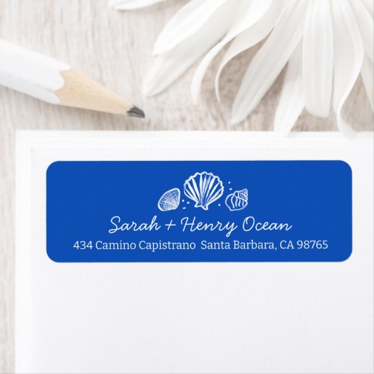Seashells Beach Wedding Blue White CUSTOM Address Etiket (Insitu)