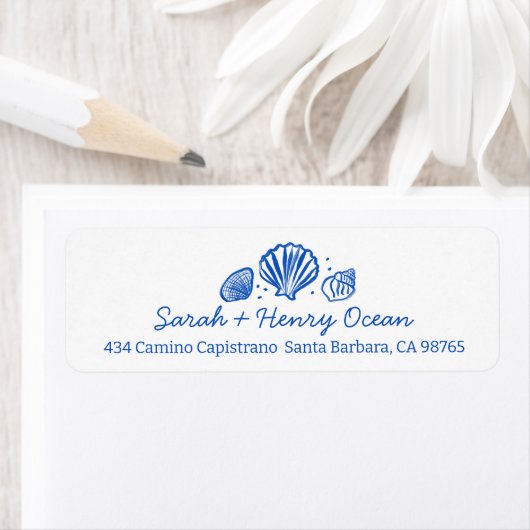 Seashells Beach Wedding Blue White CUSTOM Address Etiket (Insitu)