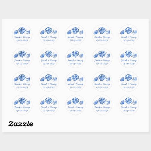 Seashells Beach Wedding Blue White CUSTOM Ronde Sticker (Vel)