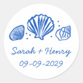 Seashells Beach Wedding Blue White CUSTOM  Ronde Sticker (Voorkant)