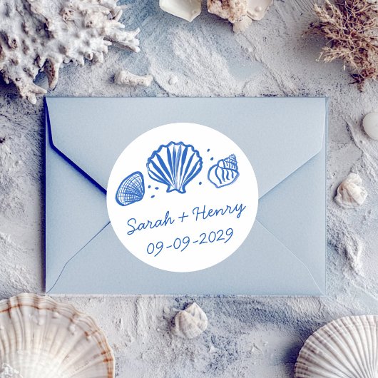 Seashells Beach Wedding Blue White CUSTOM  Ronde Sticker