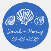 Seashells Beach Wedding Blue White CUSTOM  Ronde Sticker (Voorkant)