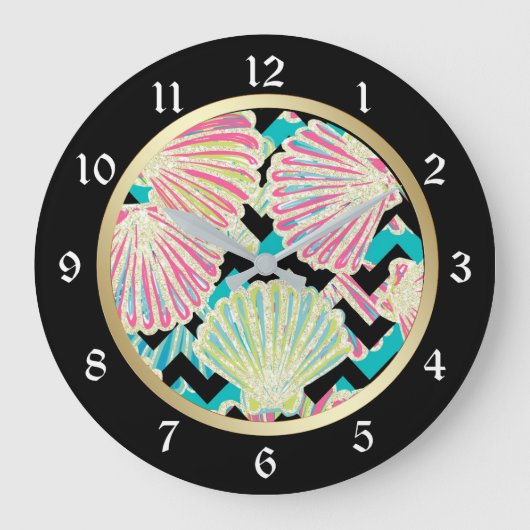 Seashells Black Chevron Grote Klok (Voorkant)