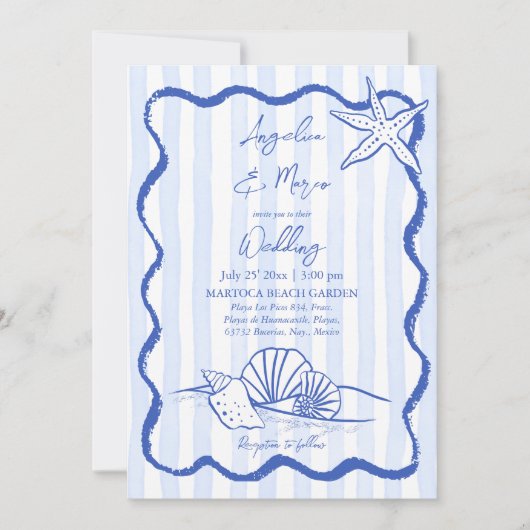 Seashells blauw golvend strand strand bruiloft met kaart (Voorkant)
