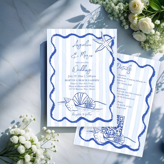 Seashells blauw golvend strand strand bruiloft met kaart