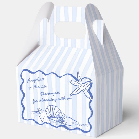 Seashells blauw golvende grens strand bruiloft gun bedankdoosjes (Voorkant)