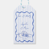Seashells blauw golvende grens strand bruiloft gun cadeaulabel (Voorkant)