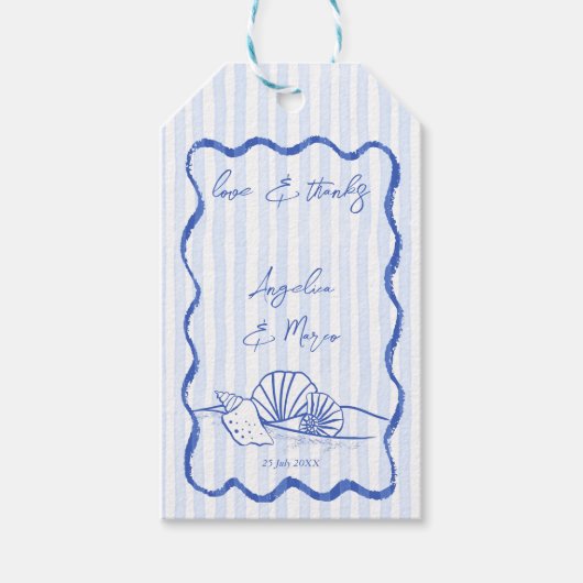 Seashells blauw golvende grens strand bruiloft gun cadeaulabel (Voorkant)