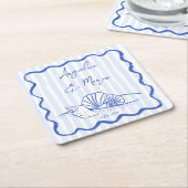 Seashells blauw golvende grens strand bruiloft gun kartonnen onderzetters (Schuin)