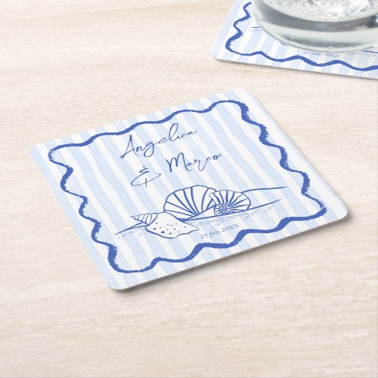 Seashells blauw golvende grens strand bruiloft gun kartonnen onderzetters (Schuin)