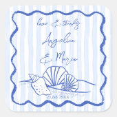 Seashells blauw golvende grens strand bruiloft gun vierkante sticker (Voorkant)