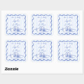 Seashells blauw golvende grens strand bruiloft gun vierkante sticker (Vel)