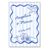Seashells blauw golvende grens strand bruiloft kaart (Achterkant)