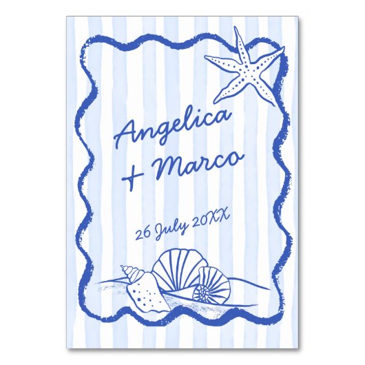 Seashells blauw golvende grens strand bruiloft kaart (Achterkant)