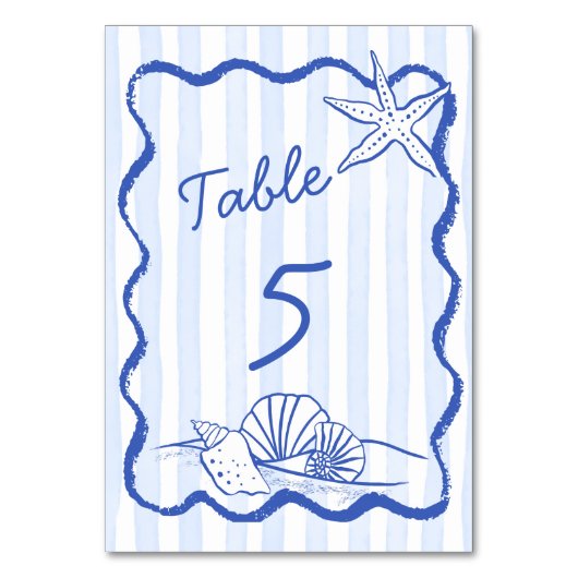 Seashells blauw golvende grens strand bruiloft kaart (Voorkant)