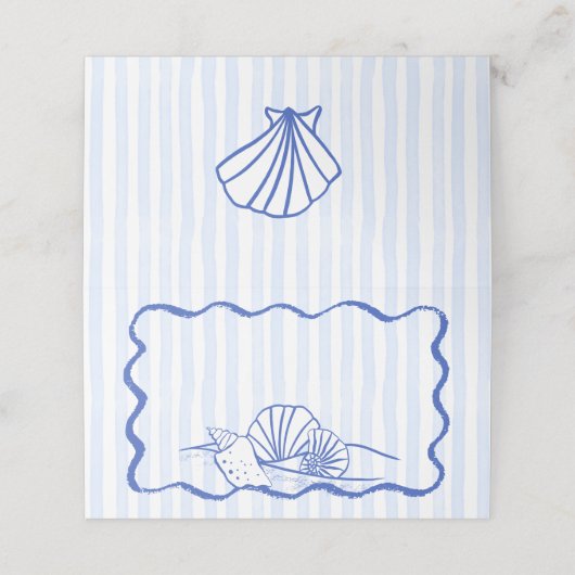 Seashells blauw golvende grens strand bruiloft plaatskaartje (Buitenkant ongevouwen)