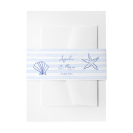 Seashells blauw golvende grens strand bruiloft uitnodigingen wikkel
