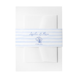 Seashells blauw golvende grens strand bruiloft uitnodigingen wikkel