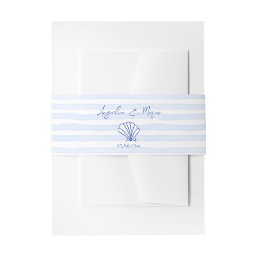 Seashells blauw golvende grens strand bruiloft uitnodigingen wikkel (Voorkant Voorbeeld)