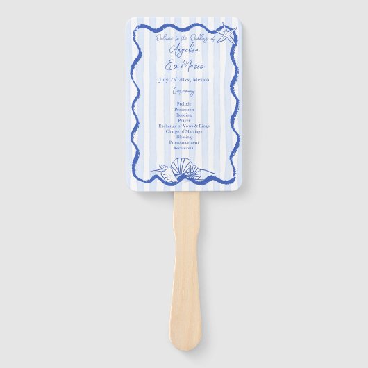 Seashells blauwe golvende grens strand bruiloft pr handwaaier (Voorkant)