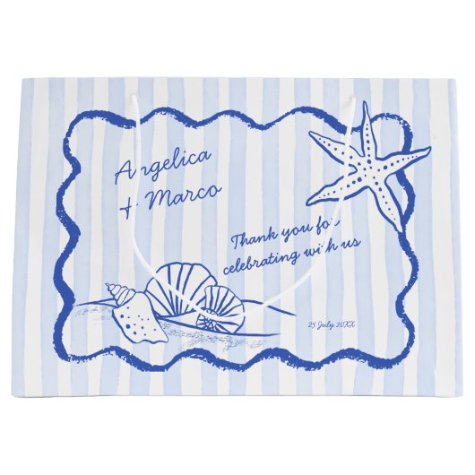 Seashells blauwe golvende grens strand bruiloft we groot cadeauzakje (Voorkant)
