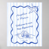 Seashells blauwe golvende grens strand bruiloft we poster (Voorkant)
