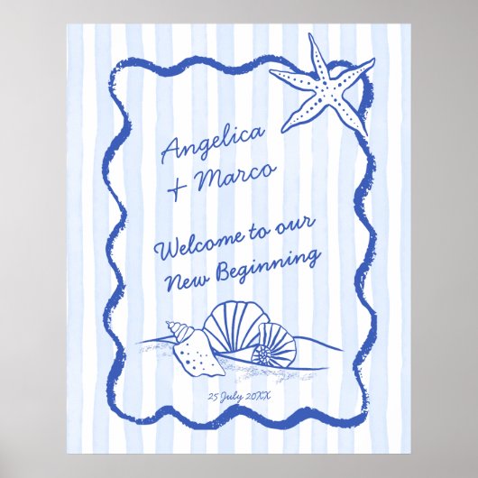 Seashells blauwe golvende grens strand bruiloft we poster (Voorkant)
