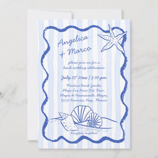 Seashells blauwe handgetekende golvende grens stra kaart (Voorkant)