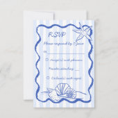 Seashells blauwe handgetekende golvende grens stra RSVP kaartje (Voorkant)