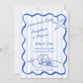 Seashells blauwe handgetekende golvende grens stra save the date (Voorkant)
