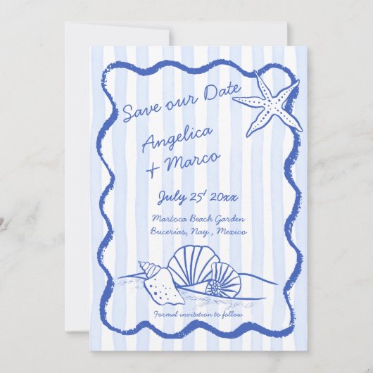 Seashells blauwe handgetekende golvende grens stra save the date (Voorkant)