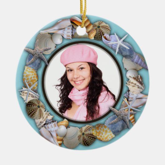 Seashells, Blue Photo Lijst kerstversiering Keramisch Ornament (Voorkant)