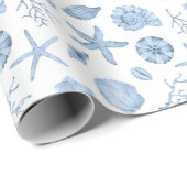 Seashells Blue Waterverf Seashore Party Cadeaupapier (Rol Hoek)