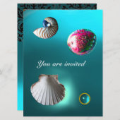 SEASHELLS DAMASK GEM BEACH WEDDING blue aquamarine Kaart (Voorkant / Achterkant)