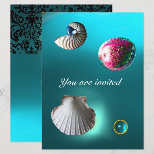 SEASHELLS DAMASK GEM BEACH WEDDING blue aquamarine Kaart (Voorkant / Achterkant)