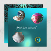 SEASHELLS DAMASK GEM BEACH WEDDING blue aquamarine Kaart (Voorkant / Achterkant)