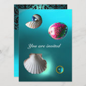 SEASHELLS DAMASK GEM BEACH WEDDING blue aquamarine Kaart (Voorkant / Achterkant)
