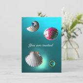 SEASHELLS DAMASK GEM BEACH WEDDING blue aquamarine Kaart (Staand voorkant)