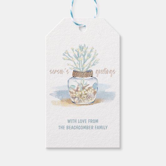 Seashells en Zeeen glas | Kerst koraalkust Cadeaulabel (Voorkant)