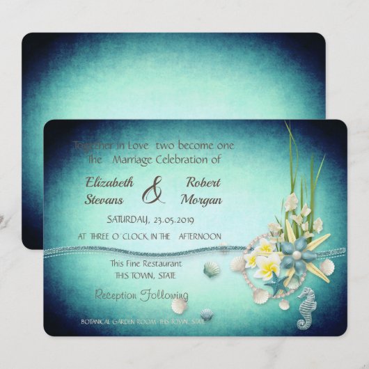 Seashells, Flowers Wedding Invitation Kaart (Voorkant / Achterkant)