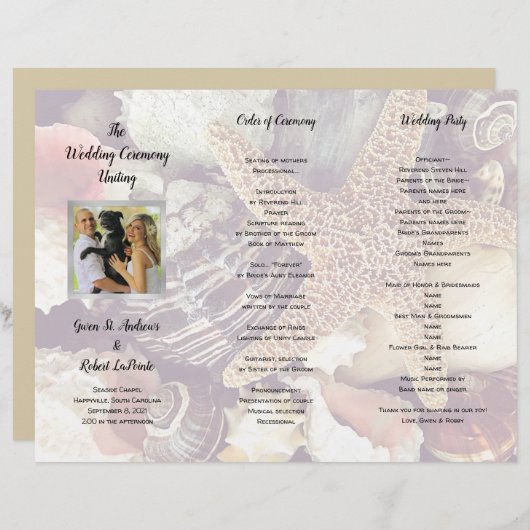 Seashells Folded Photo Wedding Ceremony Program (Voorkant / Achterkant)